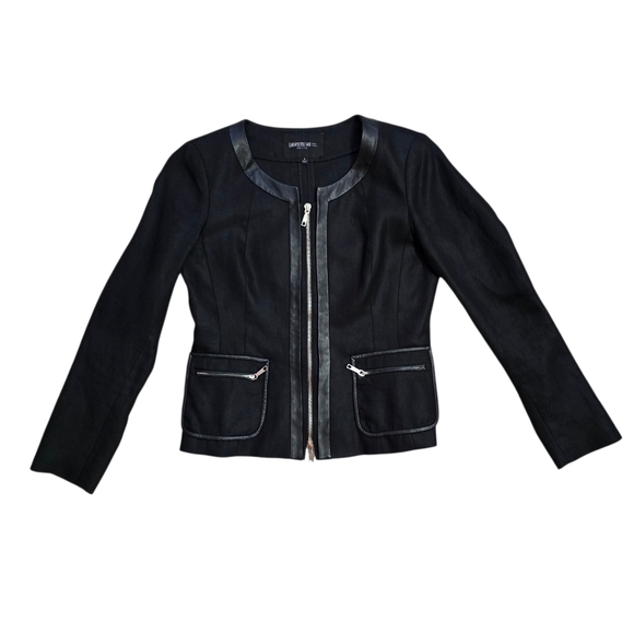 Lafayette 148 New York Black Linen Full Zip Jacket with Leather Accents 6P - Picture 3 of 12